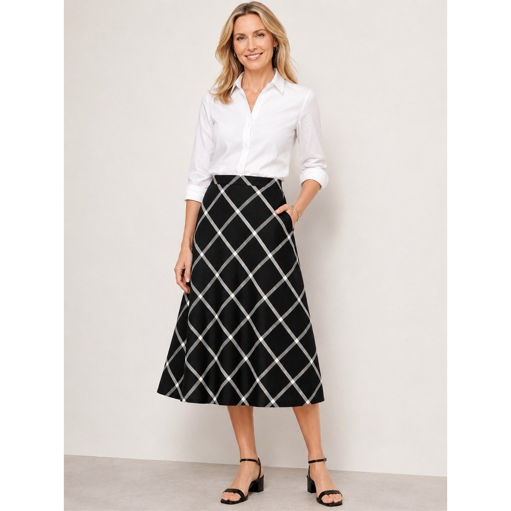 Talbots‎ Irish Linen Skirt Women's Size 10 Black Windowpane Plaid A-Line Midi